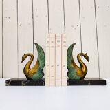 Pair of art deco golden swan bookends