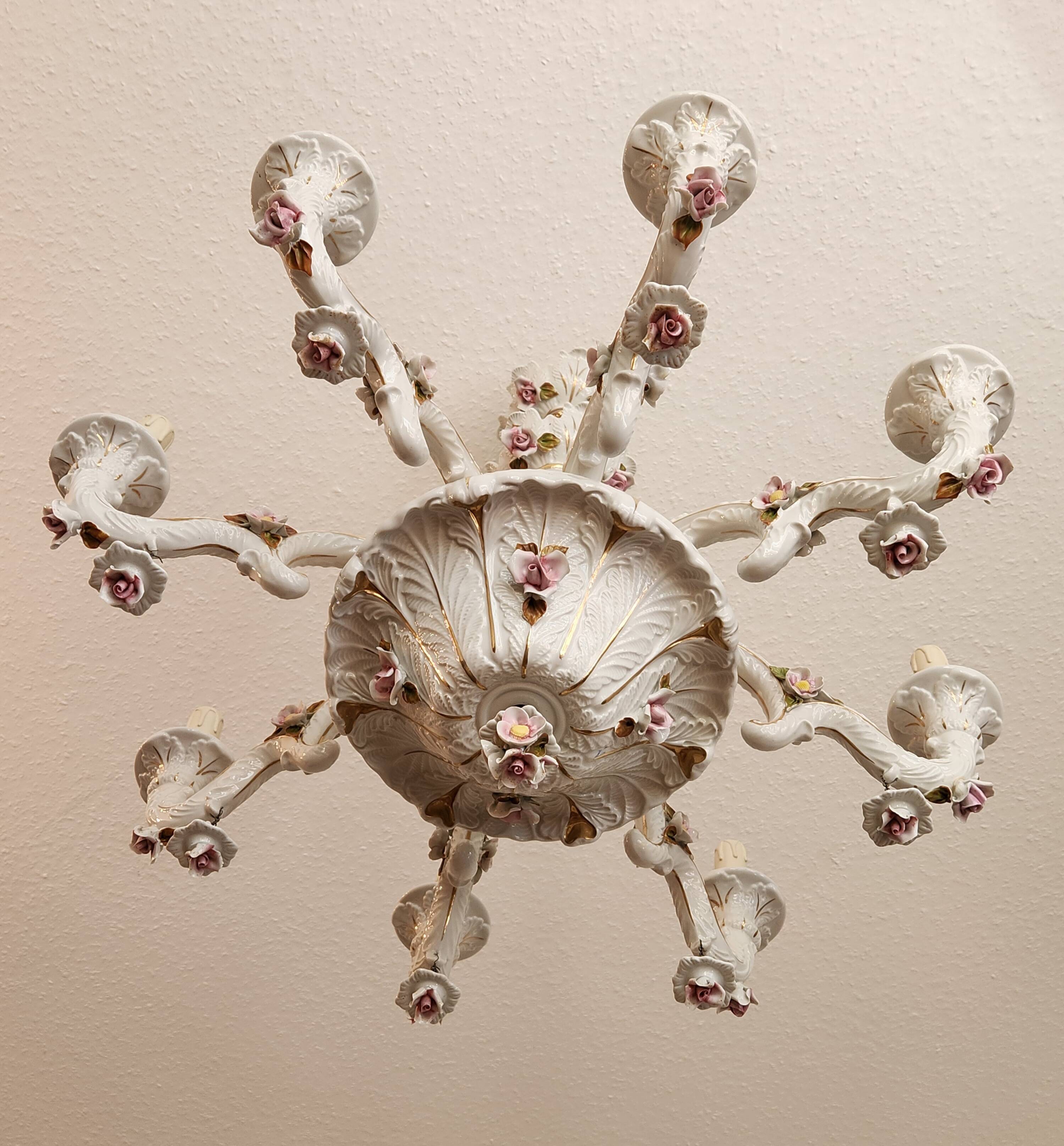 Large hand-painted gilded chandelier mangani ceramiche porcelain