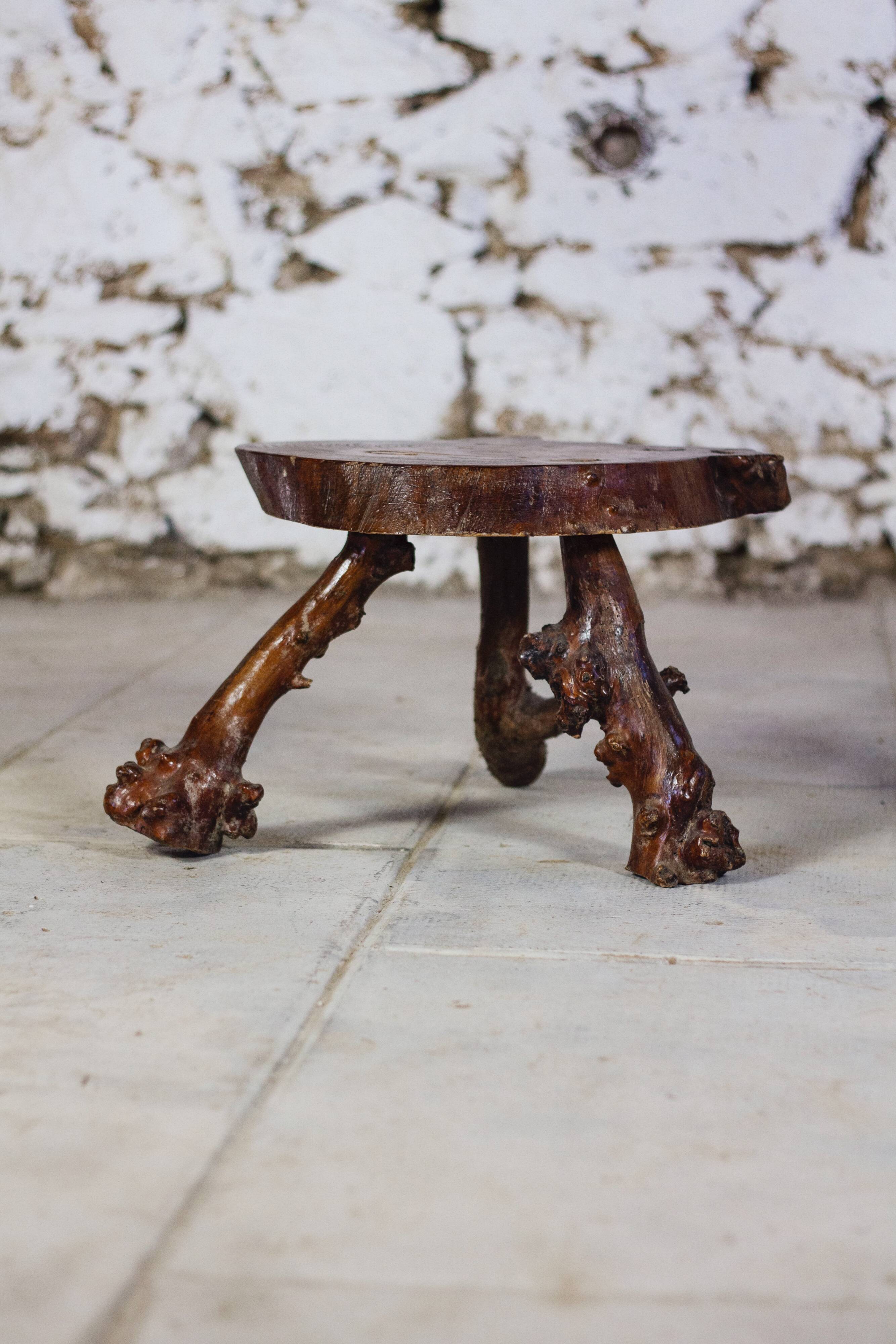 Brutalist solid wood tripod side table