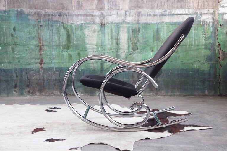 1970s chrome and black velvet sculptural rocking chair