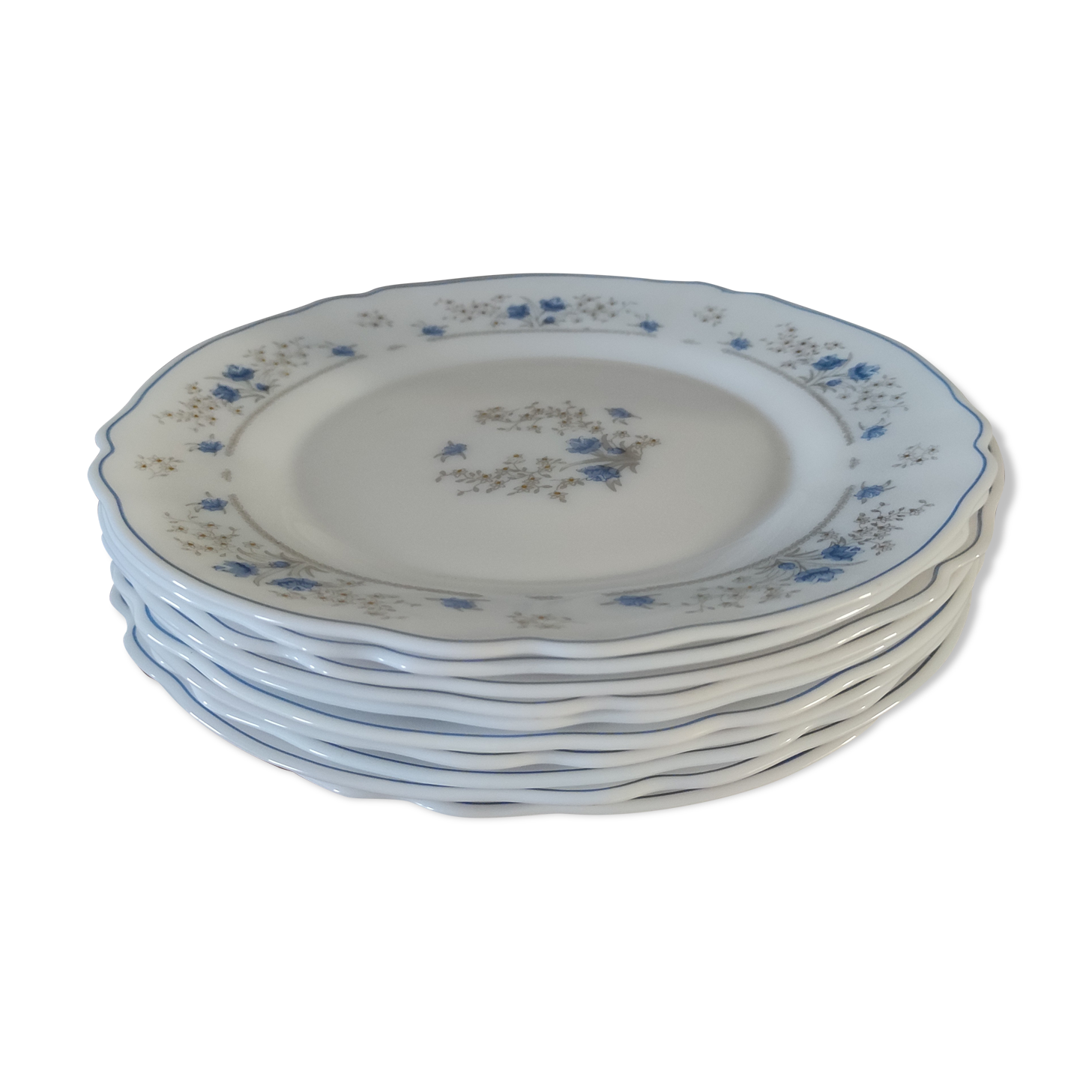 Series 10 flat plates Arcopal, white opaline with blue flowers