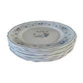 Série 10 assiettes plates Arcopal, opaline blanche à fleurs bleues