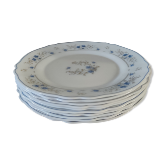 Série 10 assiettes plates Arcopal, opaline blanche à fleurs bleues
