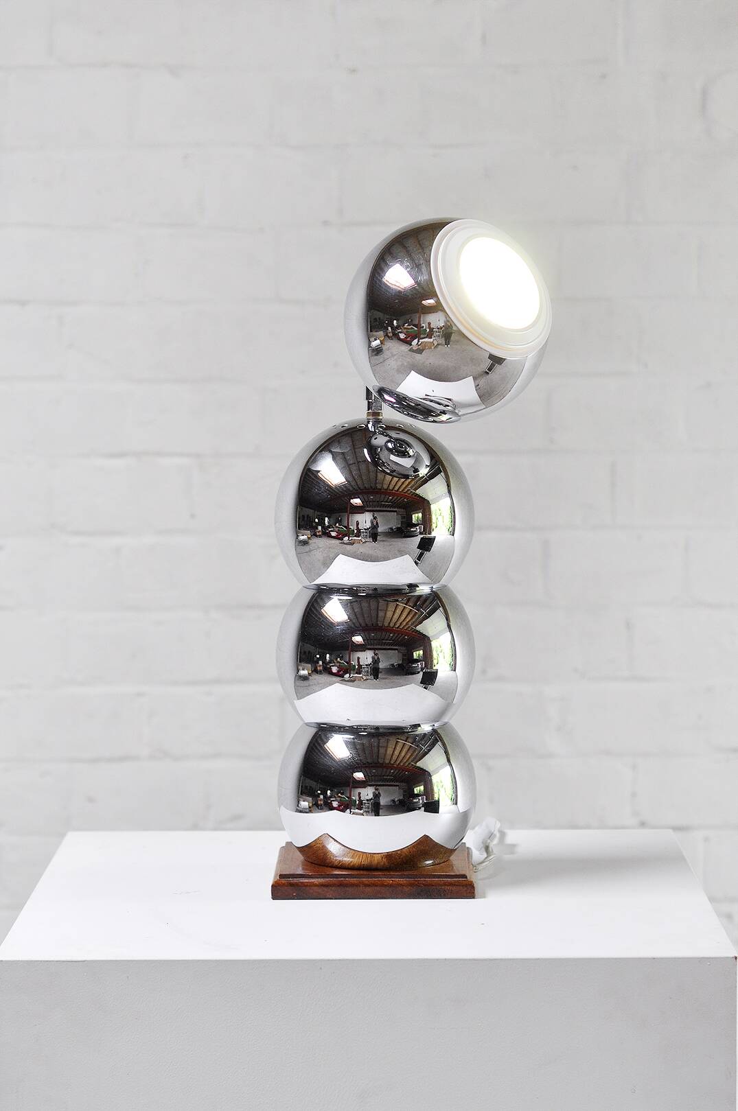 Modern eyeball chrome lamp with wooden base, 1960s