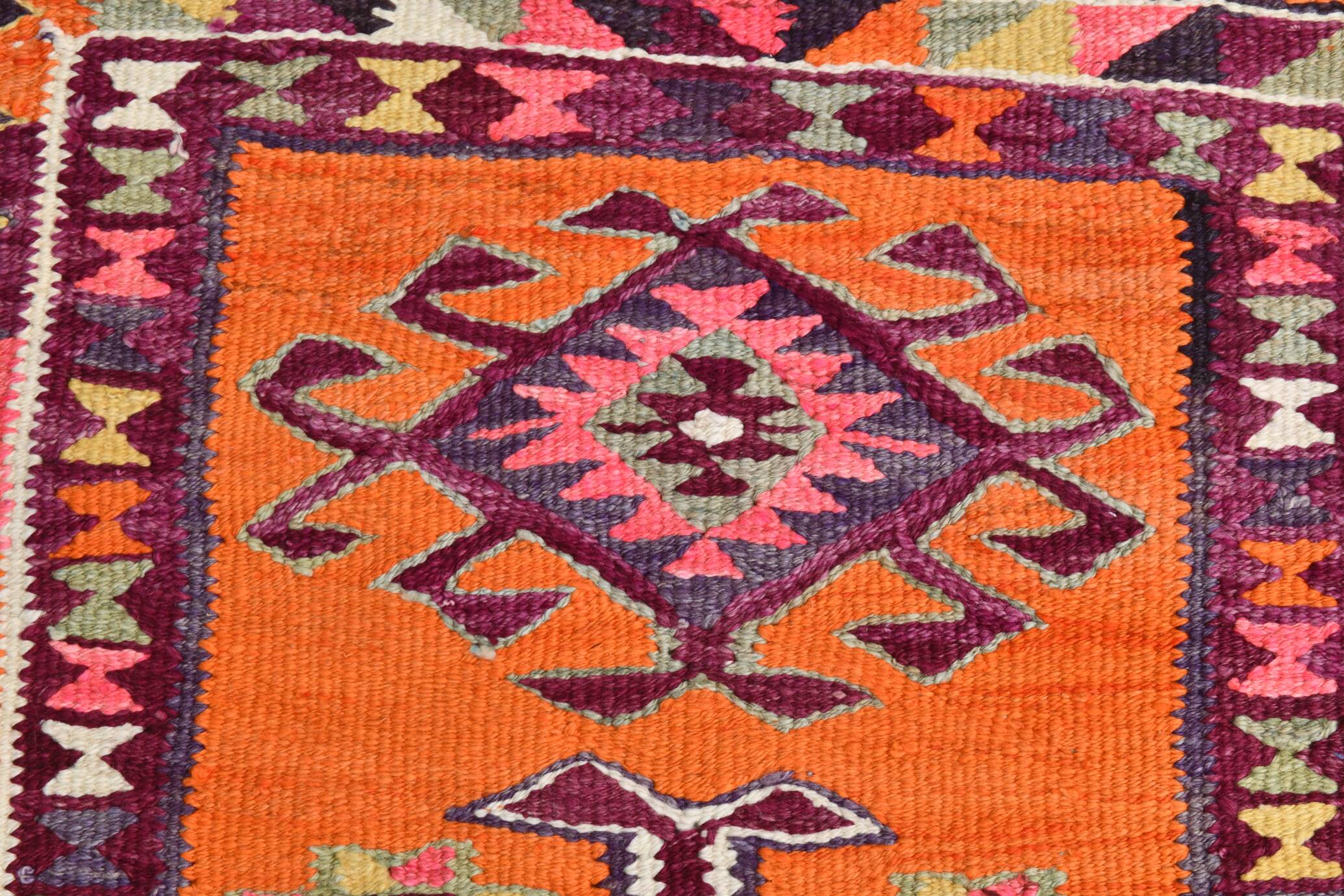 Burgundy & Orange Vintage Kilim Runner Rug, 92x292Cm