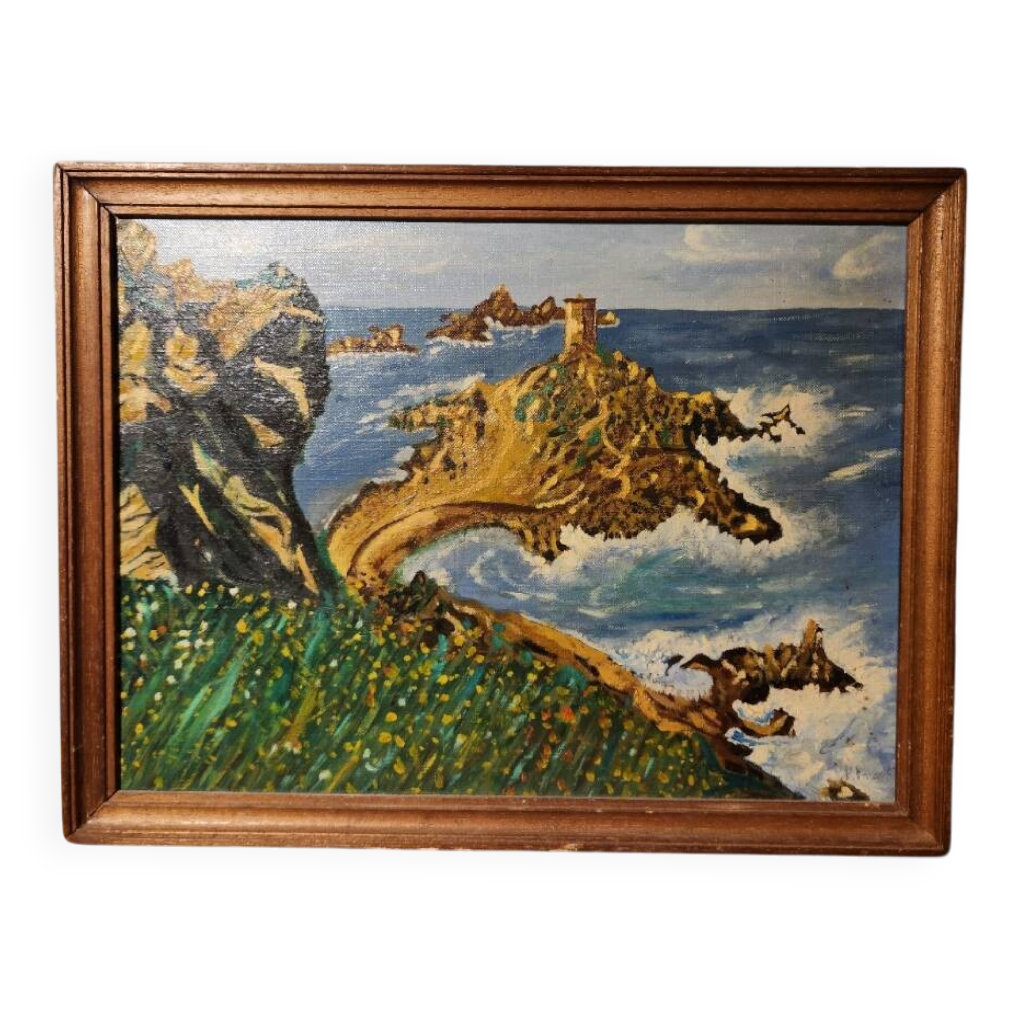 Ancient marine painting on isorel with a wooden frame.