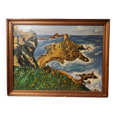 Tableau ancien marine sur isorel, cadre bois