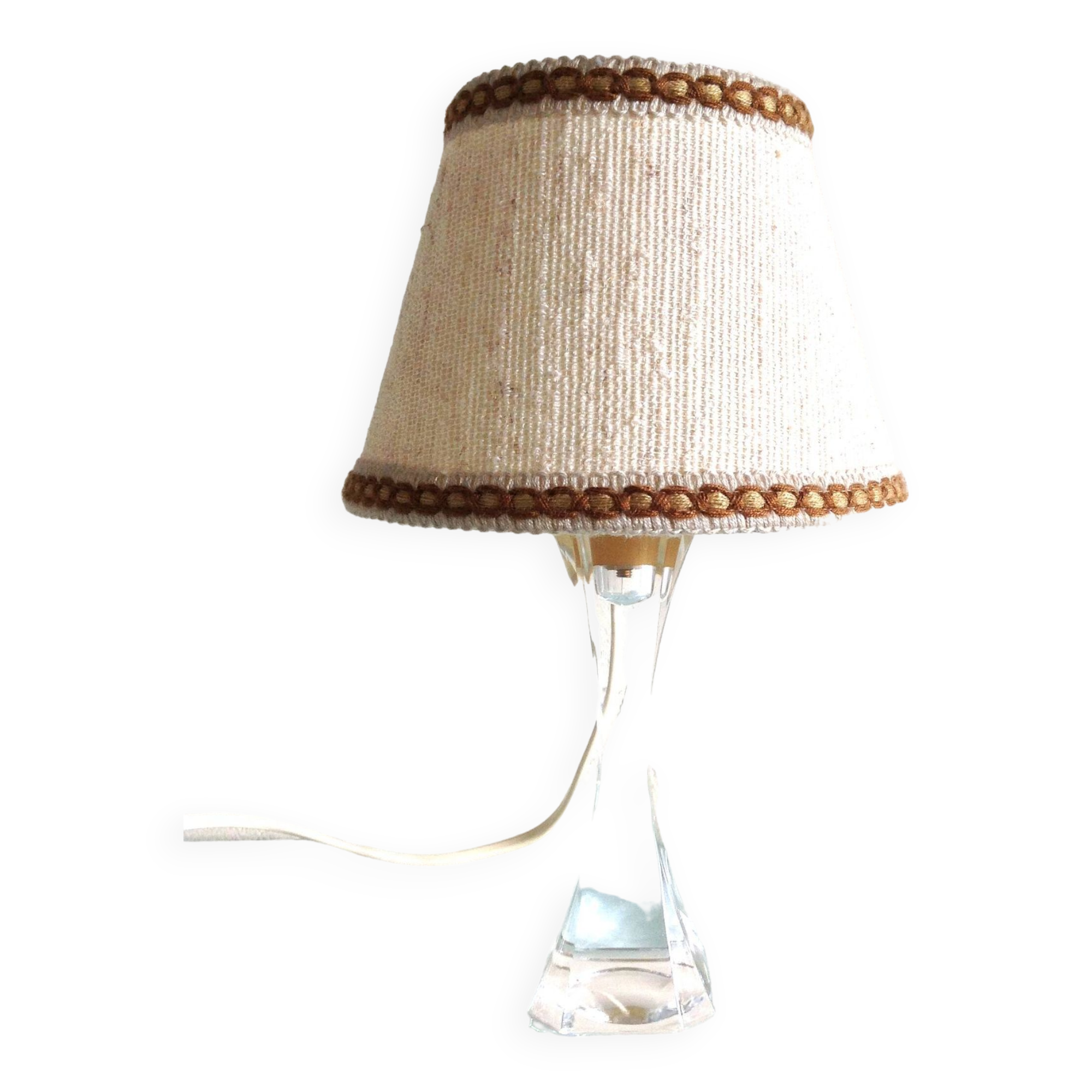 Bedside lamp with glass base and beige fabric lampshade / vintage 60s-70s