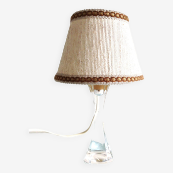 Bedside lamp with glass base and beige fabric lampshade / vintage 60s-70s