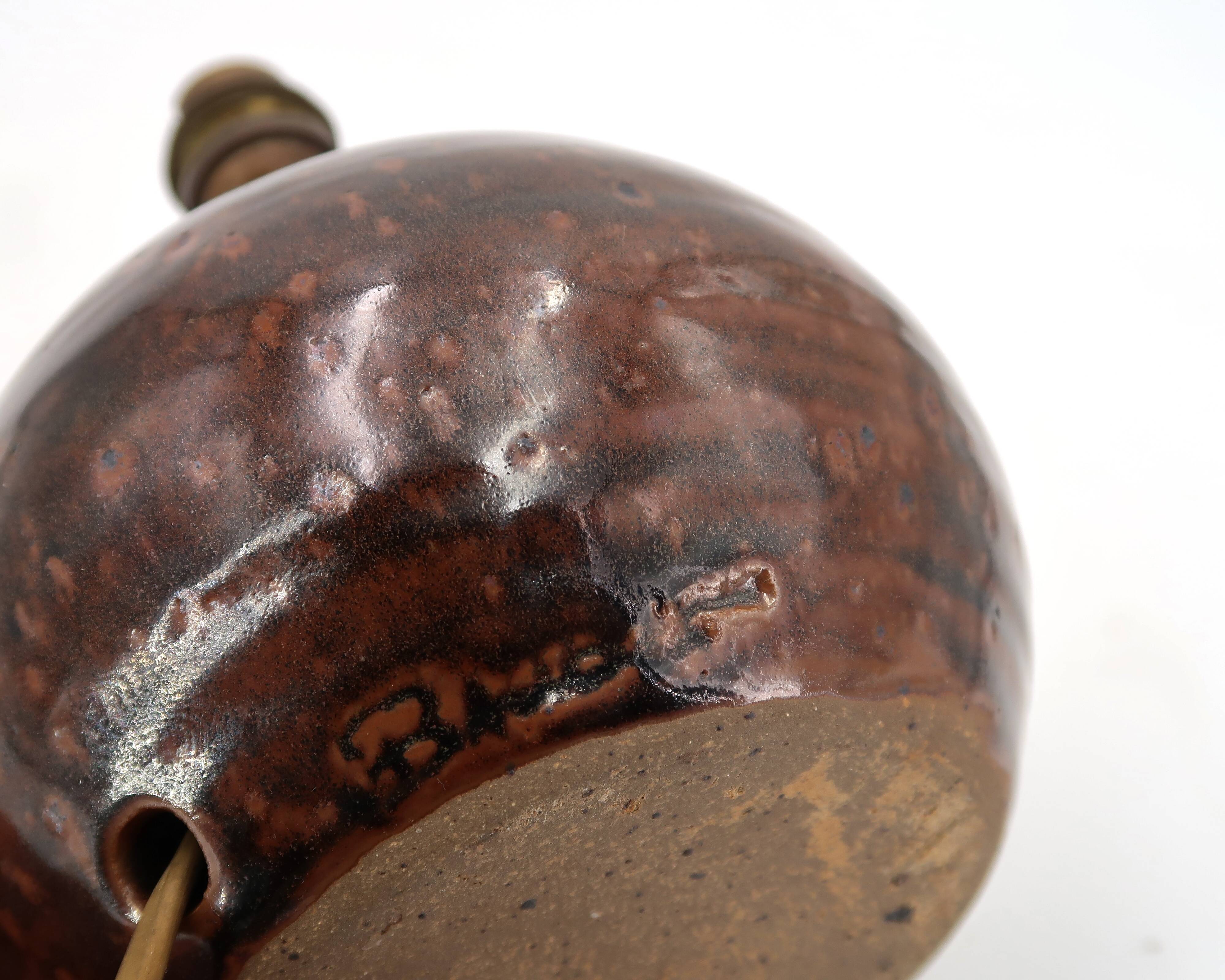 Dark brown stoneware ball lamp by Guy Baudat, 1970s