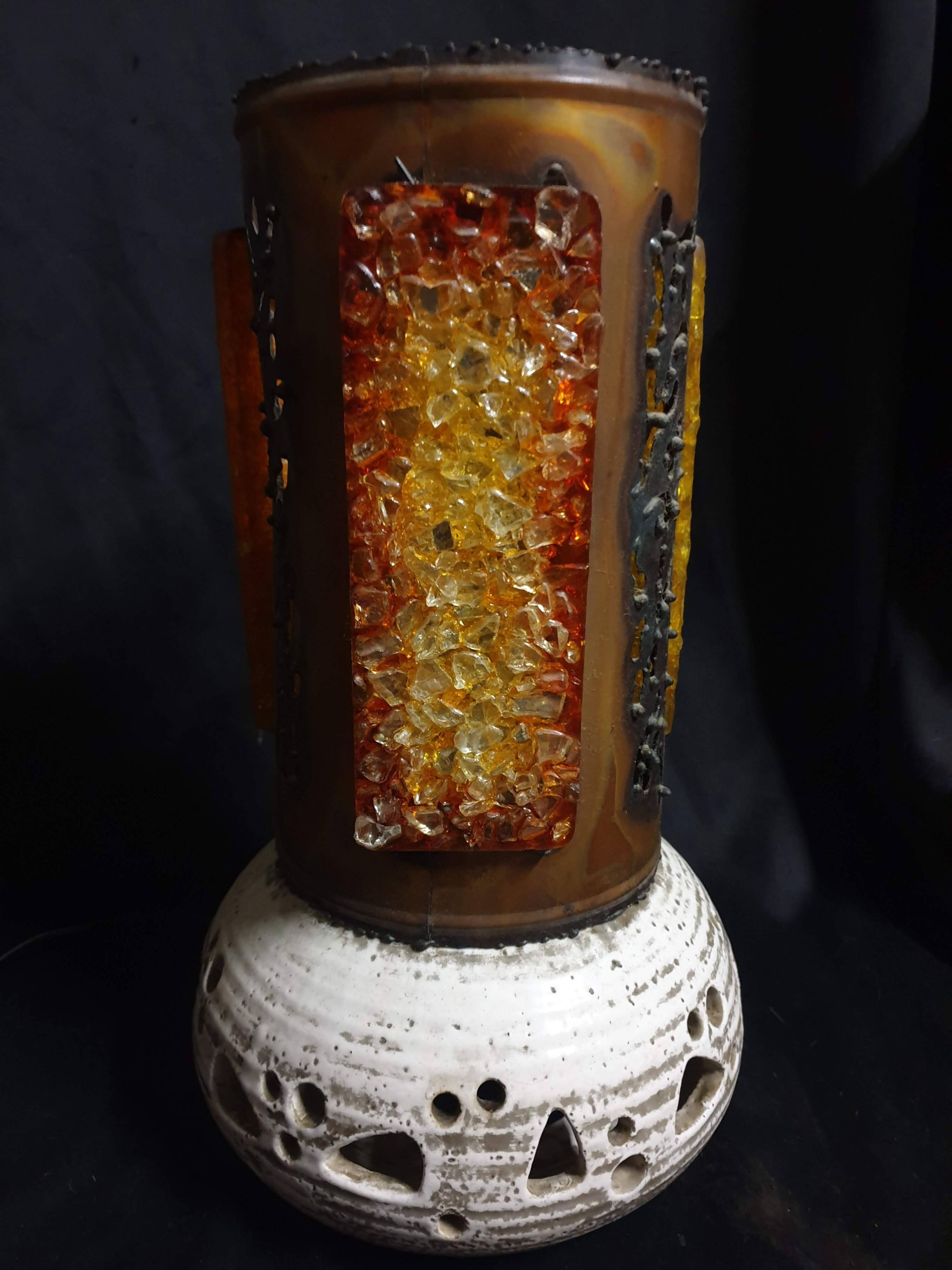 Grande lampe brutaliste signée accolay – céramique et résine – vintage 1960