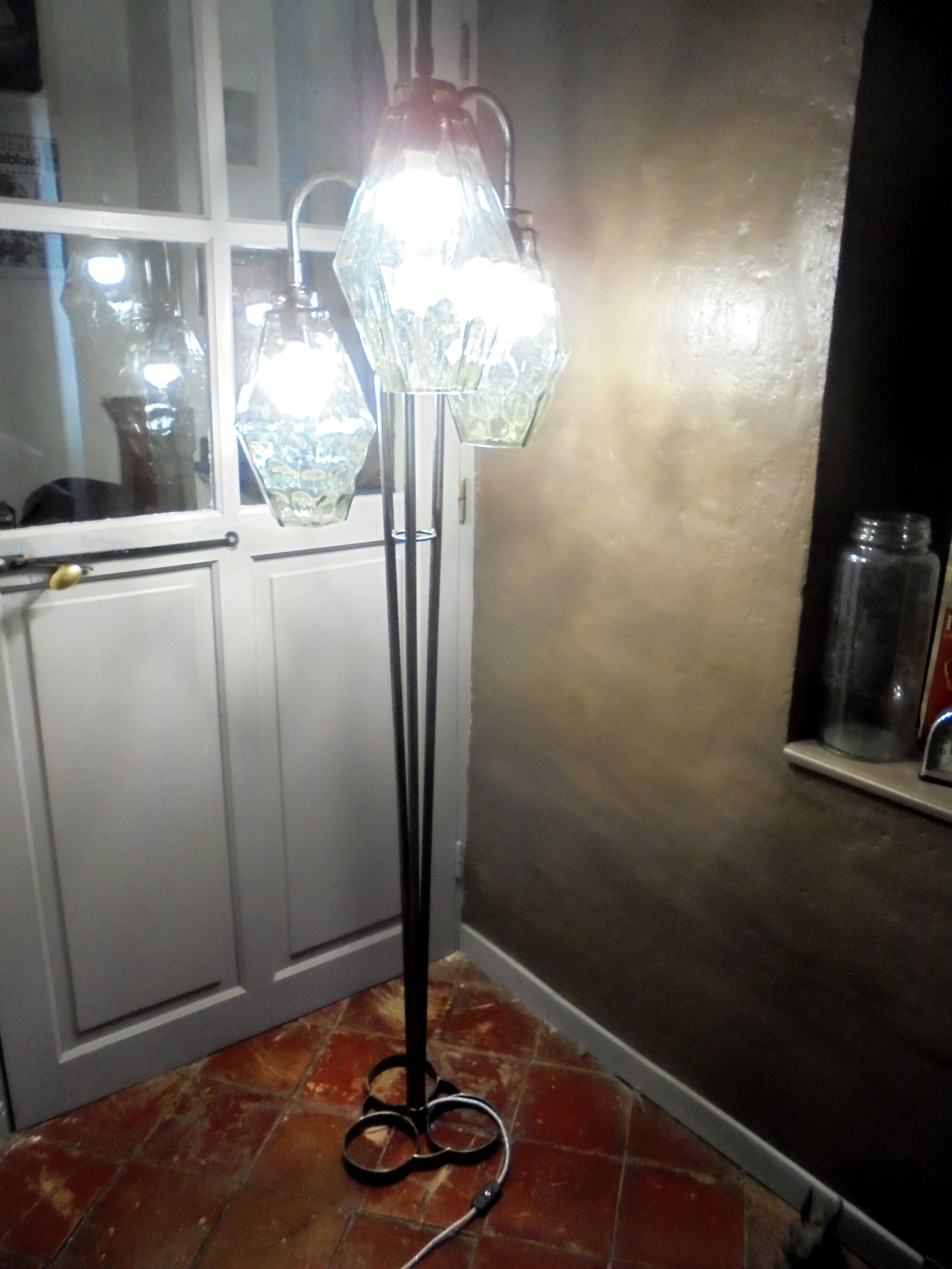 Large tripod steel lamppost and blown glass 1970