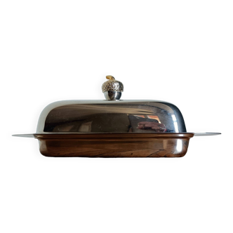 Silver metal butter dish with gold tassel handle