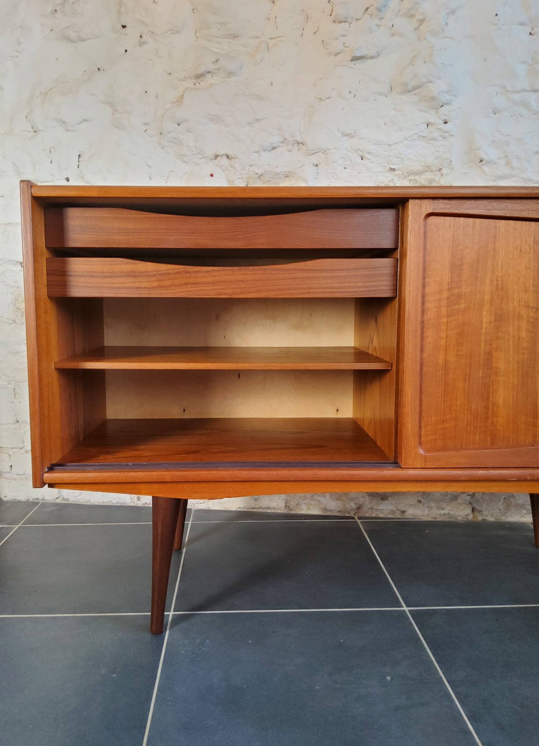 Scandinavian sideboard with sliding doors and drawers - teak