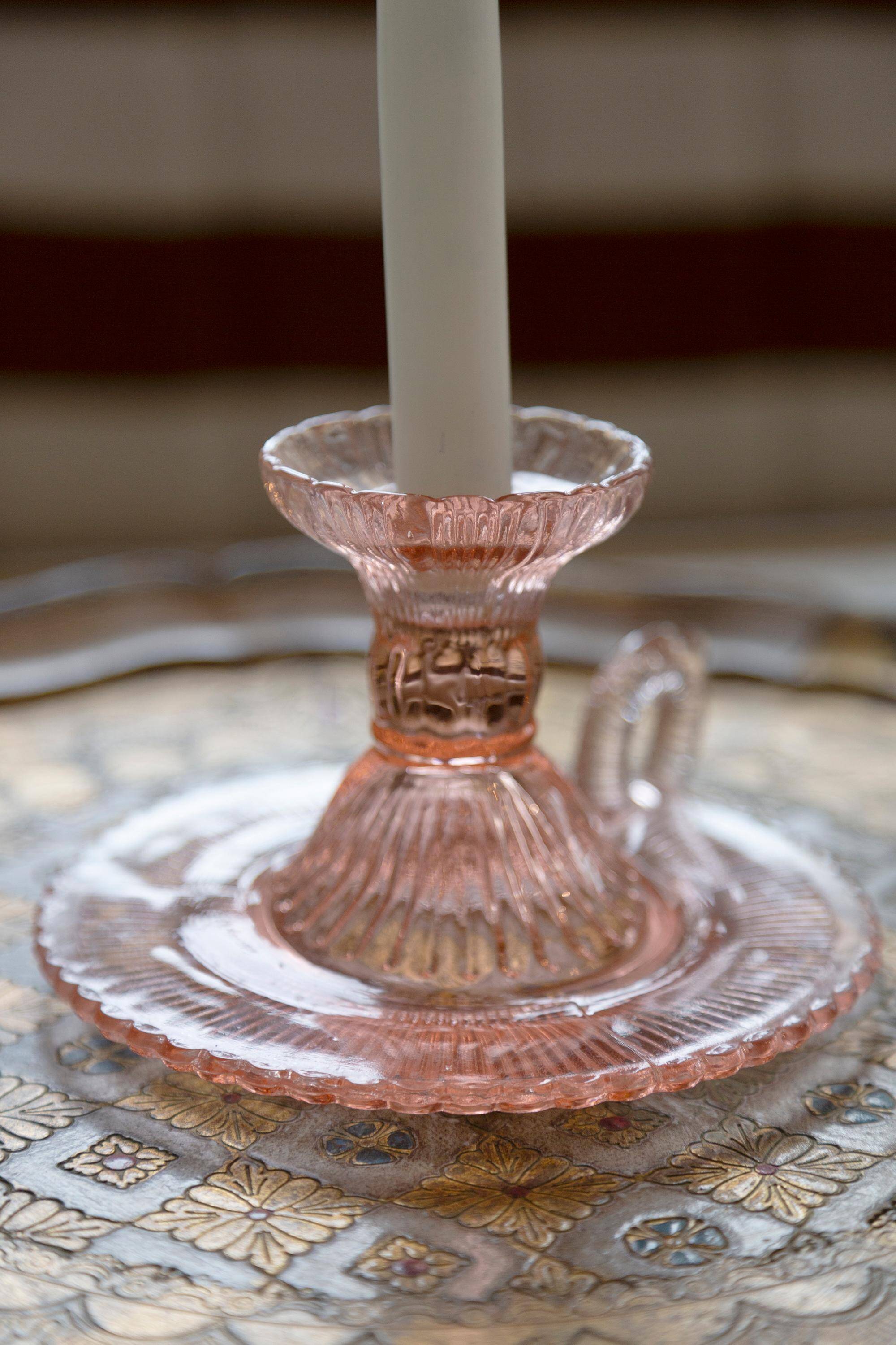 Pale pink glass candlestick mid-century, Europe, 1960s