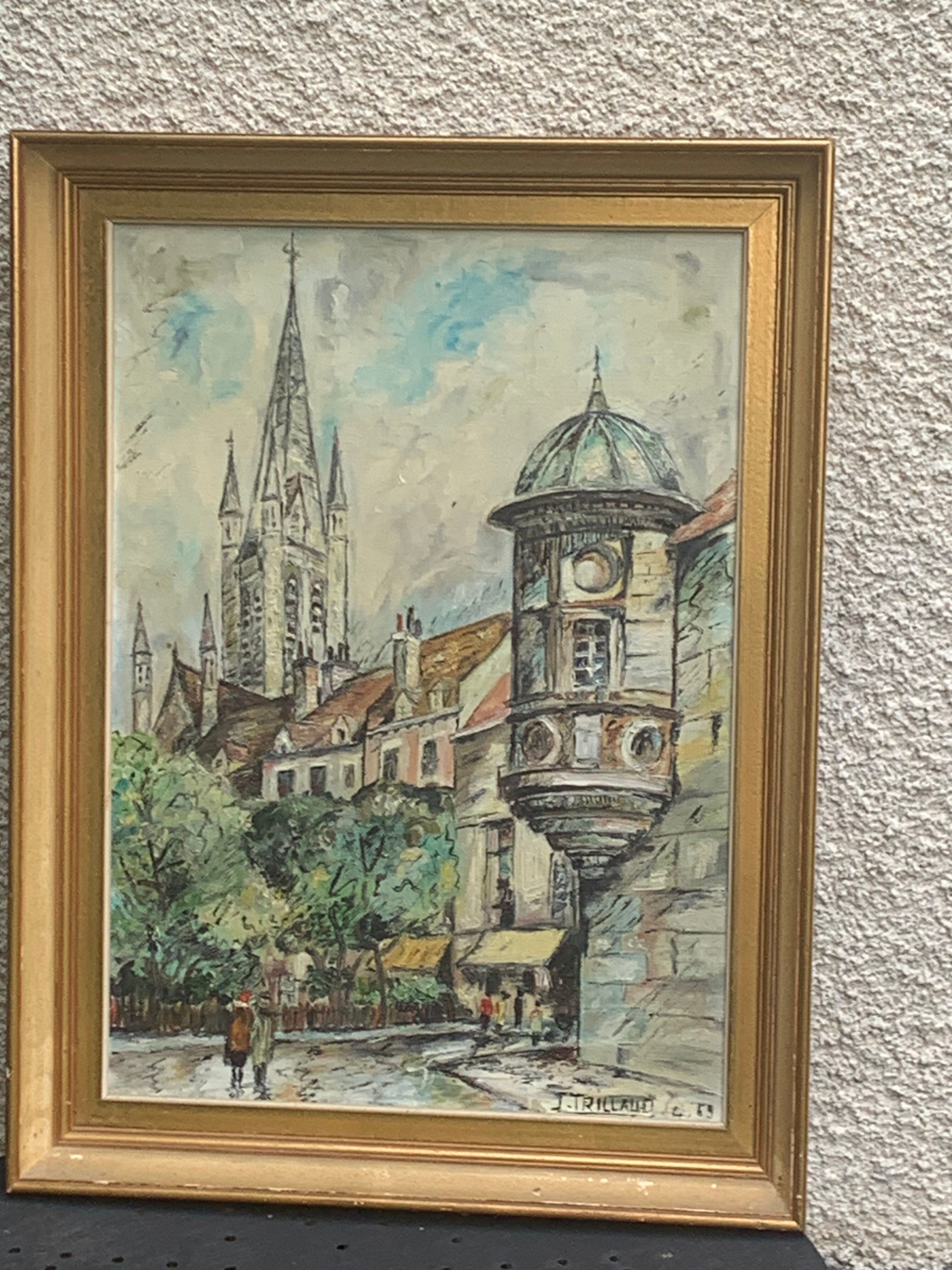 Painting signed J.Trillaut city scene framed vintage canvas 1969