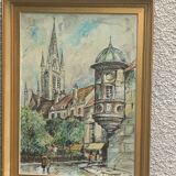 Painting signed J.Trillaut city scene framed vintage canvas 1969