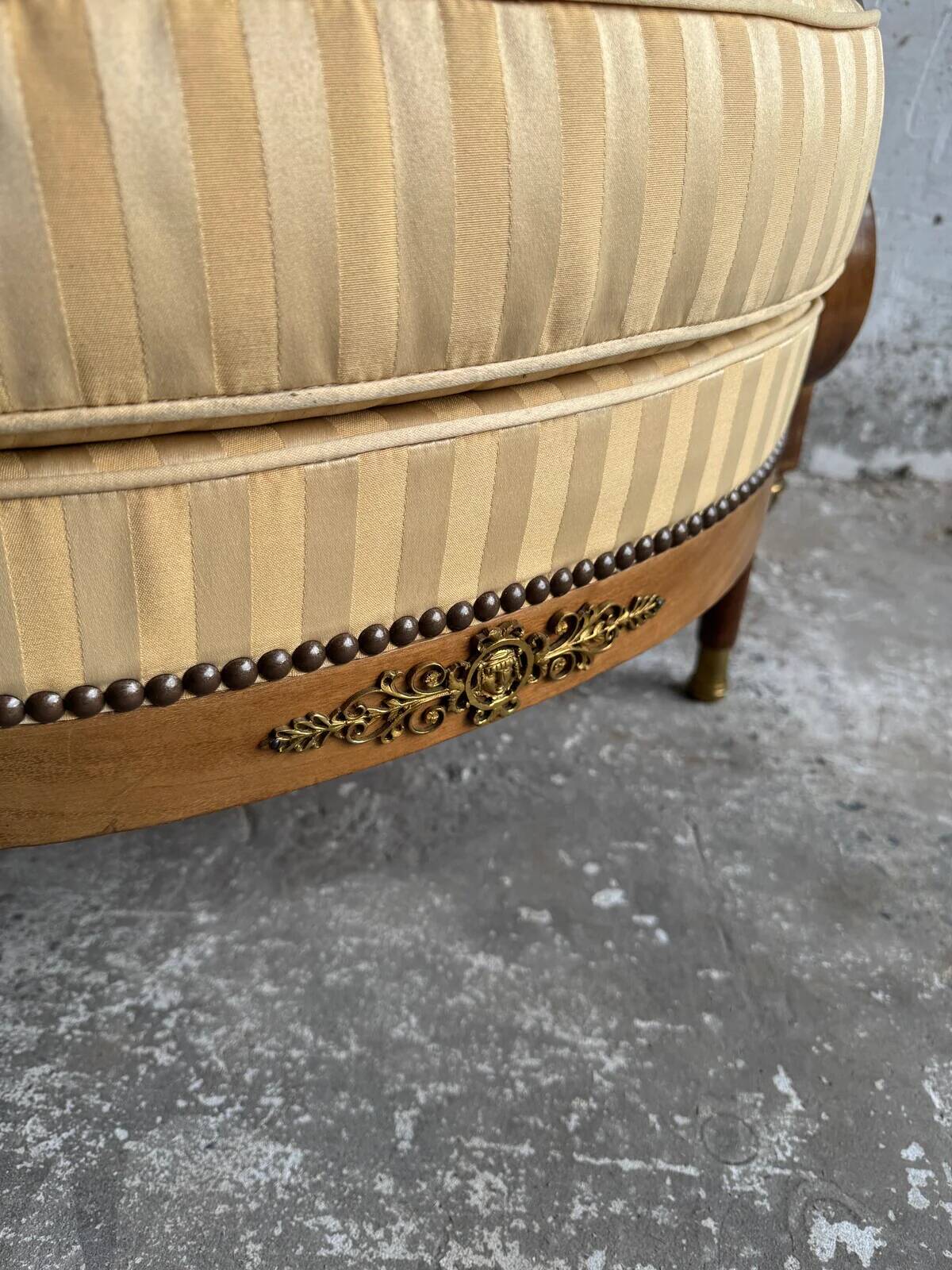 DeCoene antique wood writing desk with beige striped upholstered chair, brass-accented classic set