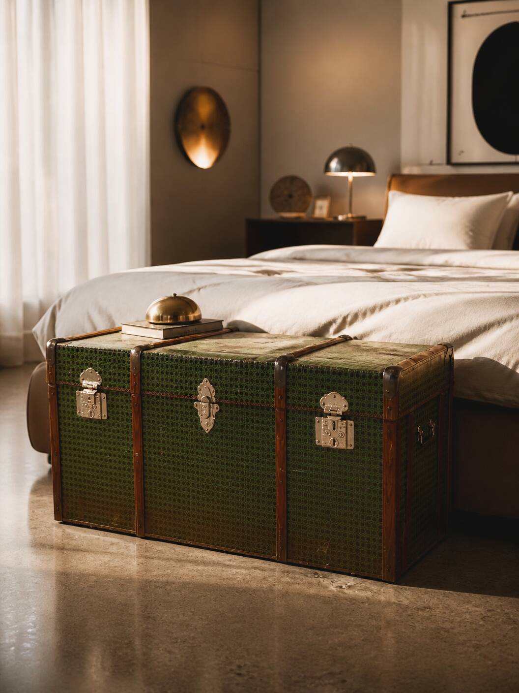 Vintage wooden and metal green travel trunk, circa 1930.