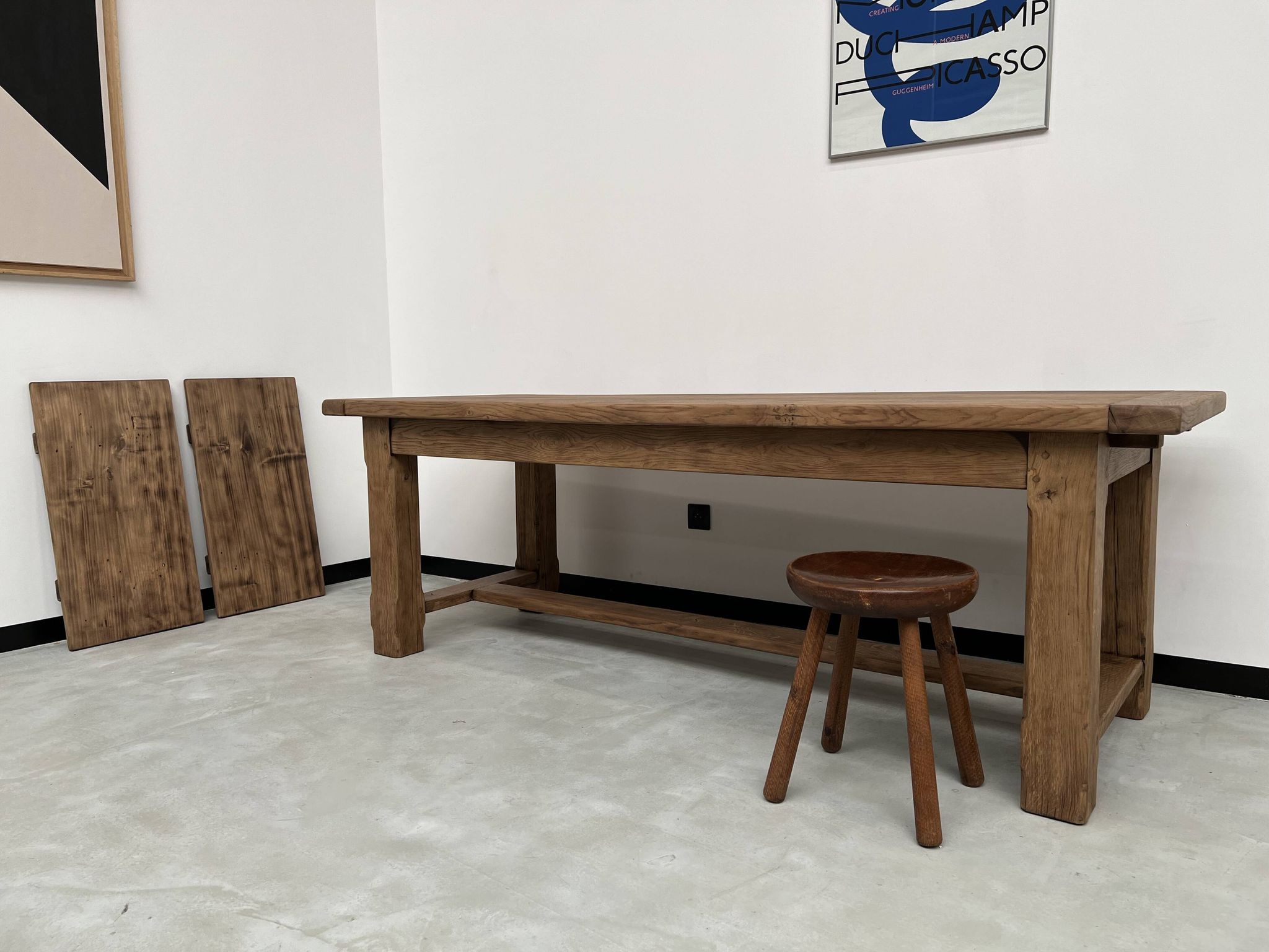 Large solid oak farm table with its extensions, 1950s