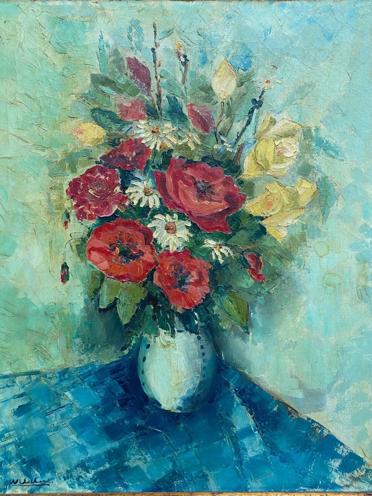 Huile william marcel clochard bouquet de fleurs roses coquelicots