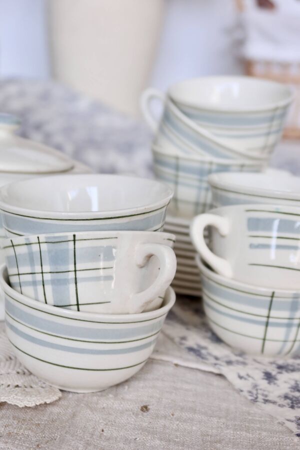 Service à café vintage 10 personnes faïence Salins décor géométrique