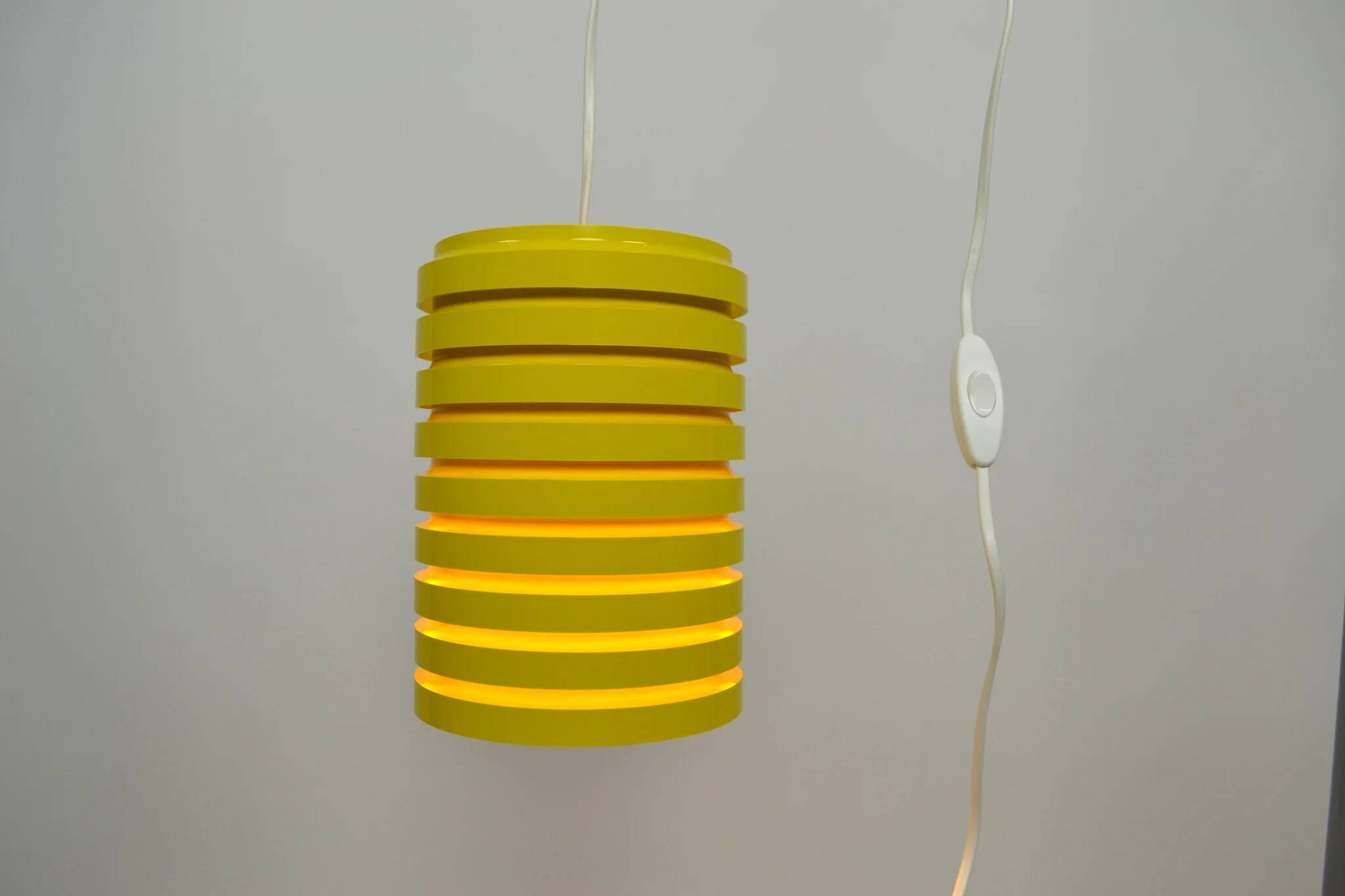 Pop Art Yellow Louvered Cylinder Pendant Lamp, Scandinavia, circa 1970