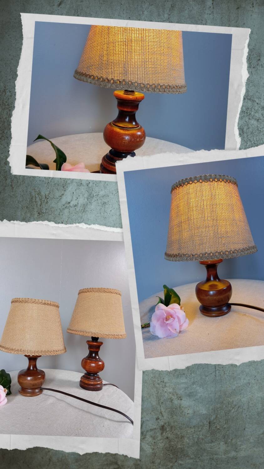 Dark stained turned wood table lamp, camel jute lampshade 1960