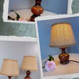 Dark stained turned wood table lamp, camel jute lampshade 1960