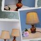 Dark stained turned wood table lamp, camel jute lampshade 1960