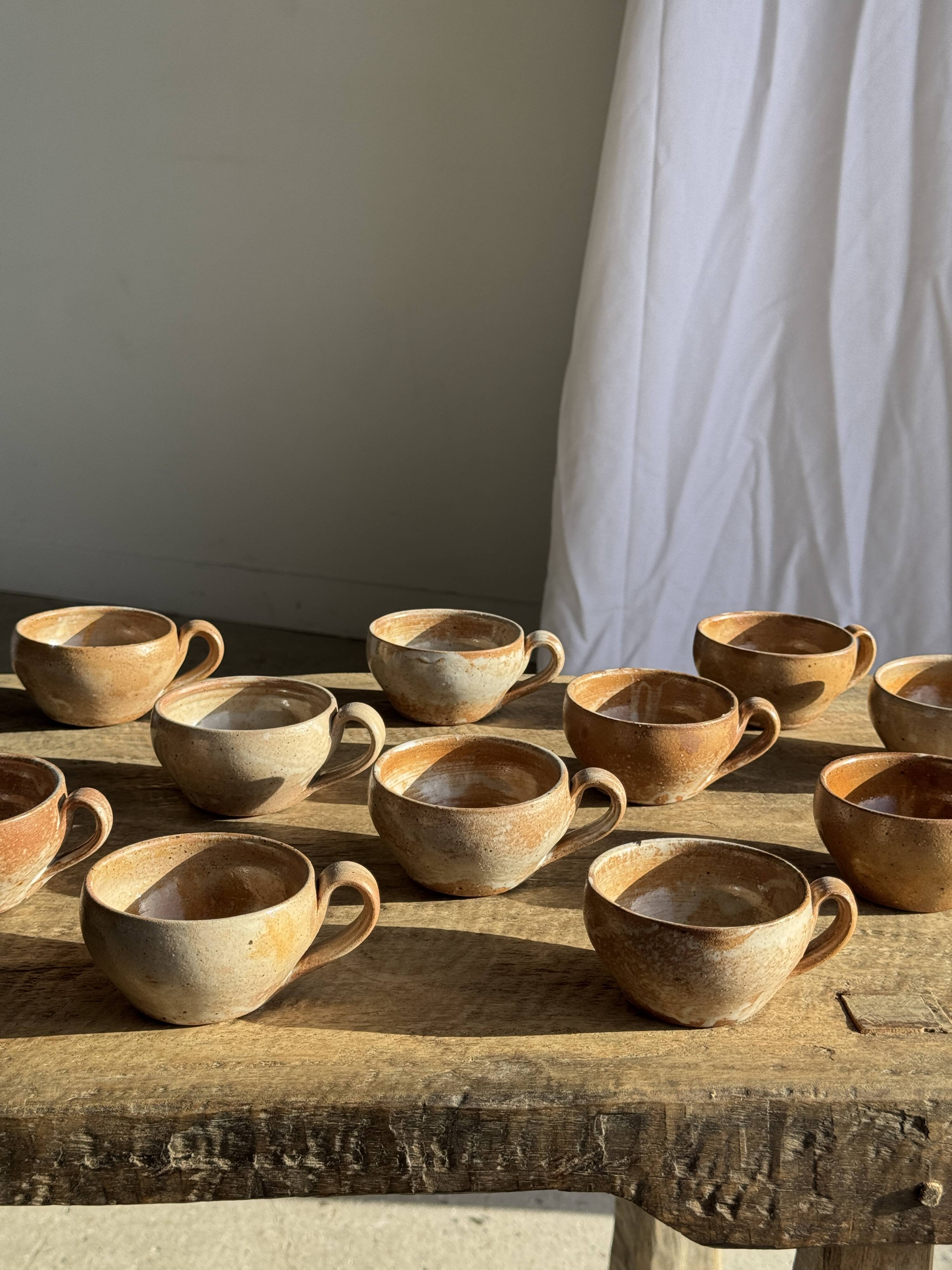 Set of 11 vintage coffee cups, raw matte stoneware H11