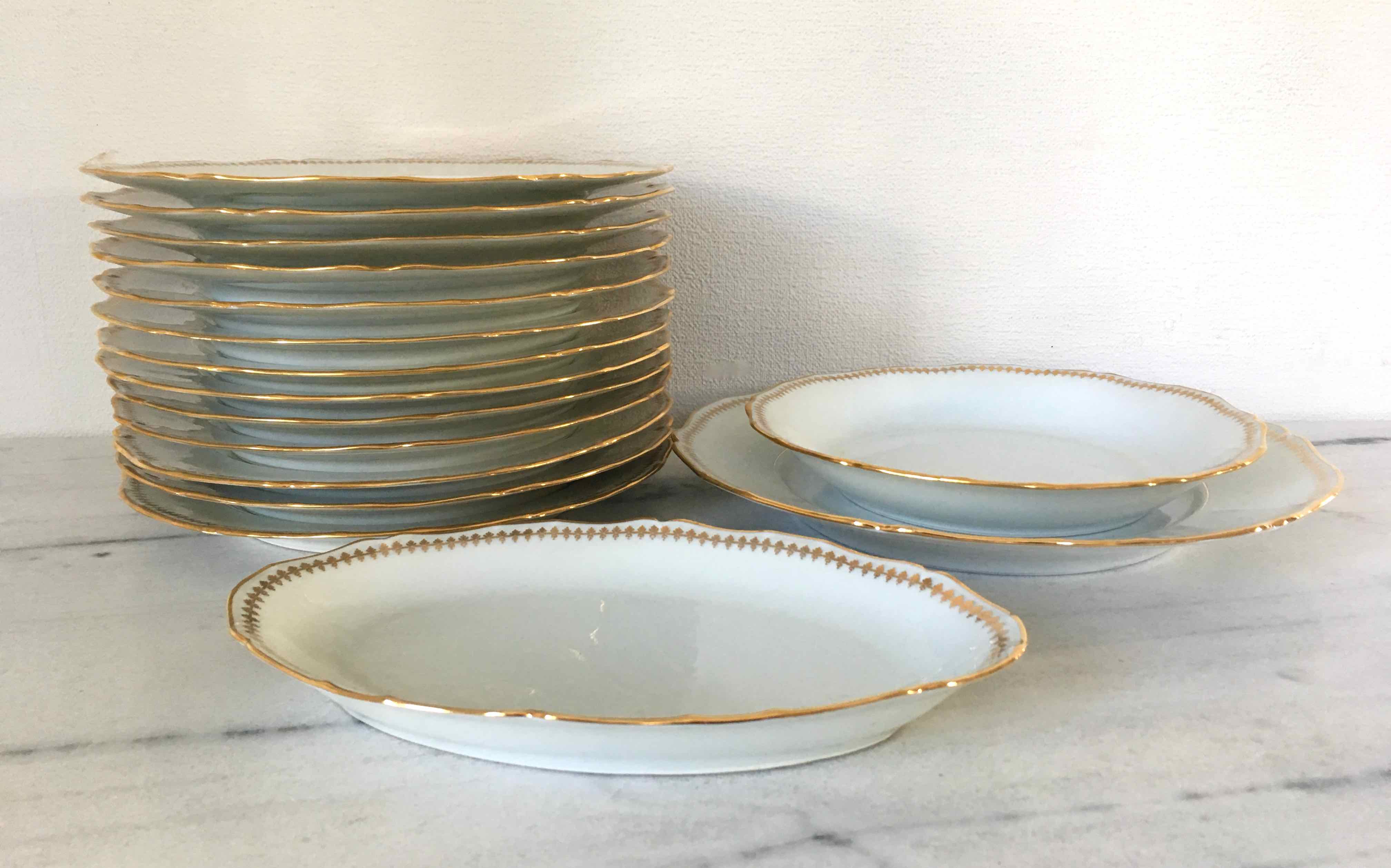 Set 12 plates and 3 dishes porcelain of Sologne