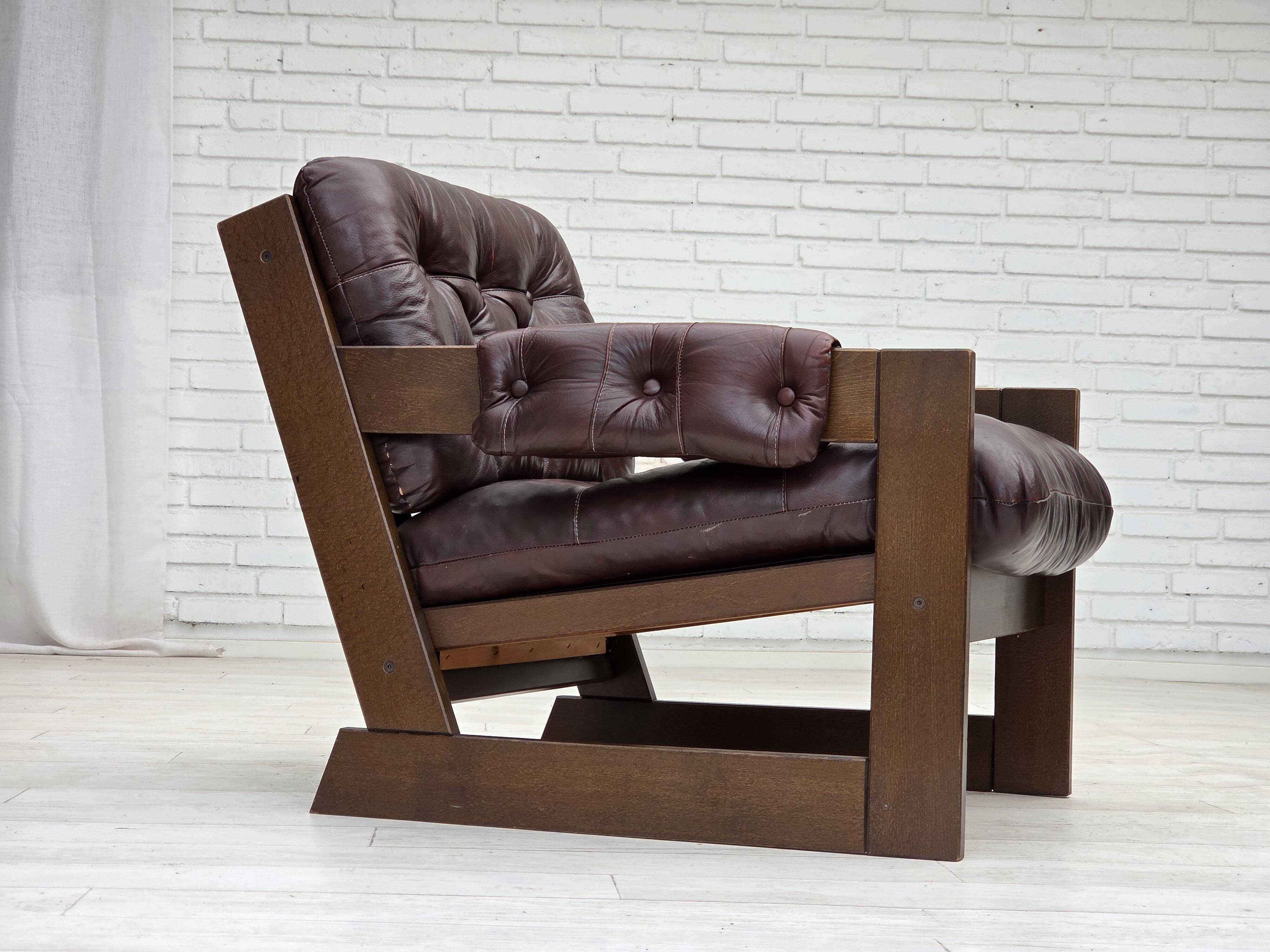 1970s, Scandinavian armchair, brown furniture leather, dark beech wood.