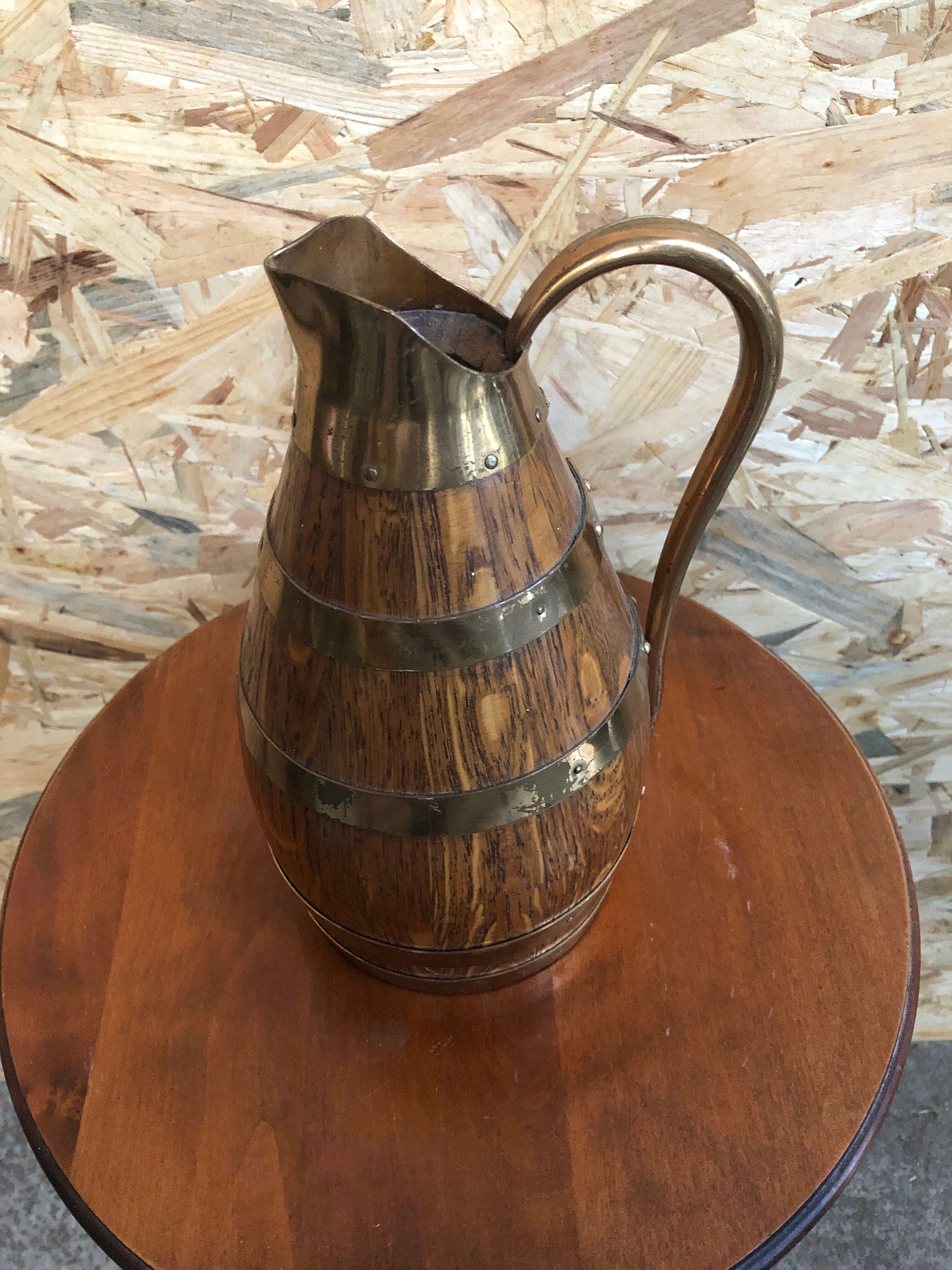 Old pitcher wood + strapping gold metal tableware style xixth vintage