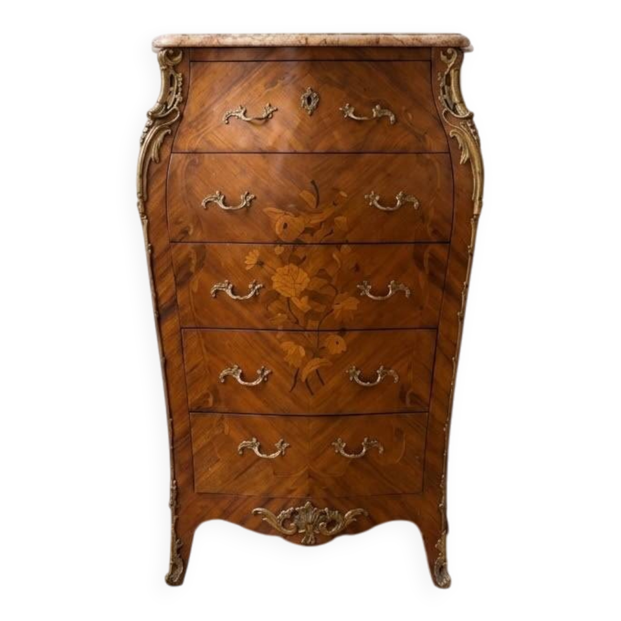 Chiffonnier galbé Louis XV en bois de rose et marbre beige