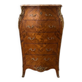 Curved Louis XV chest of drawers in rosewood and beige marble.