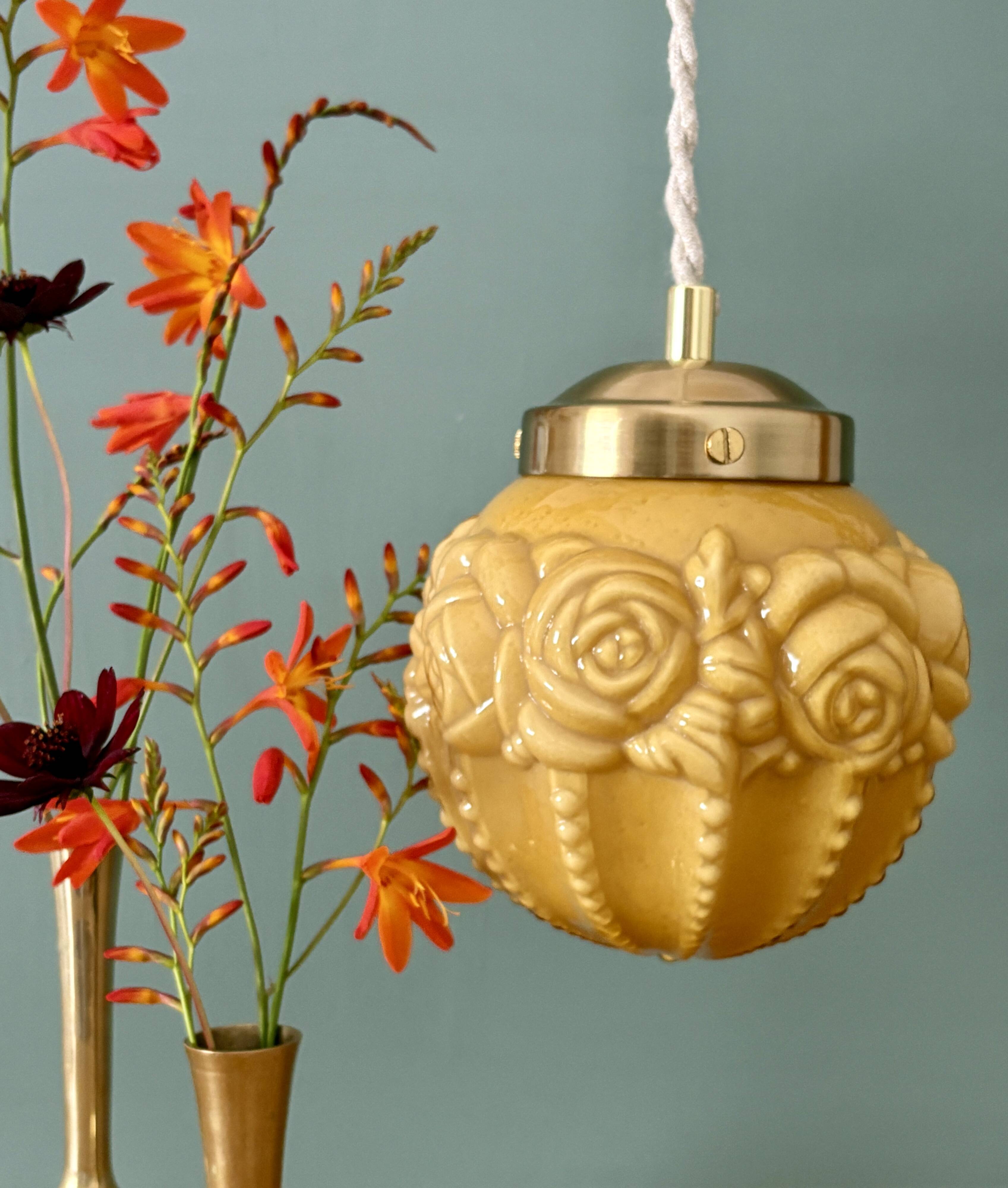 Vintage art deco globe pendant light in ochre opaline