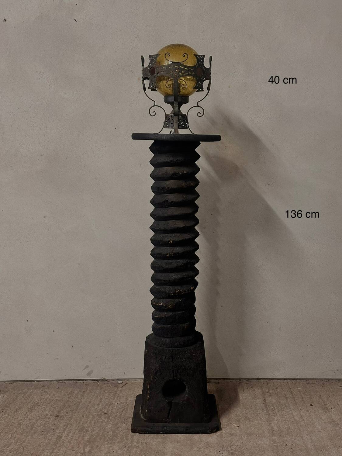 Large vintage wrought iron and glass pendant lamp