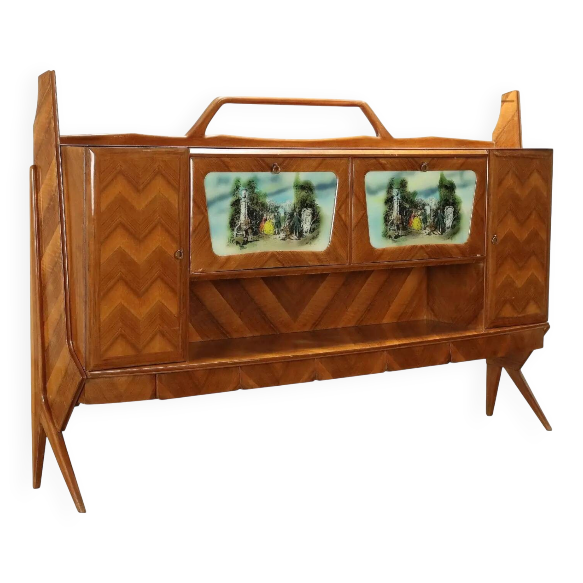 Vintage buffet in walnut veneer and glass, Italy, 1950s-1960s.