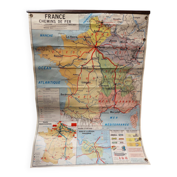 Carte scolaire vintage MDI bi-faces France administrative & chemins de fer
