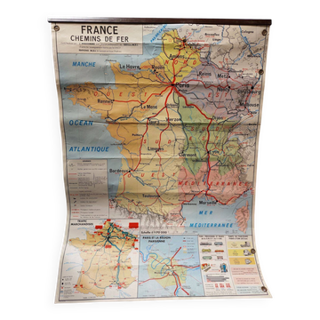 Carte scolaire vintage MDI bi-faces France administrative & chemins de fer