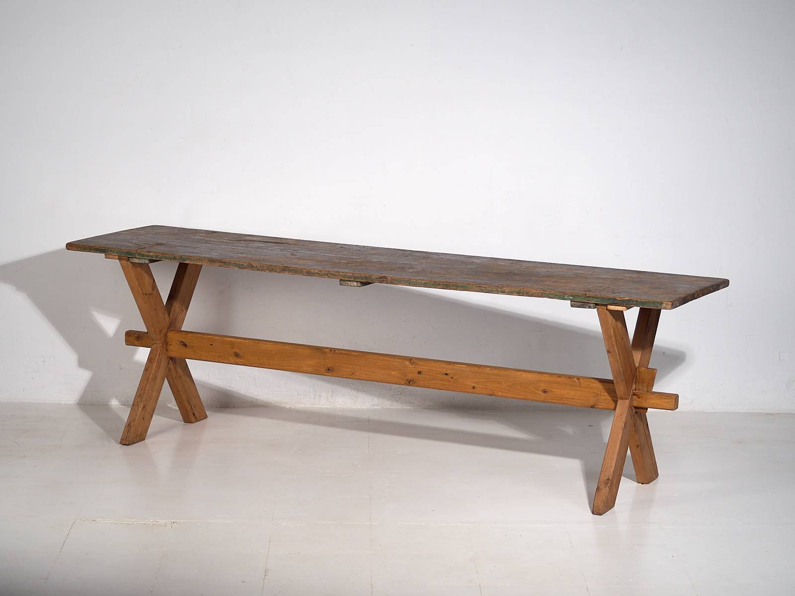 Antique solid wood table with green patina (c.1920)