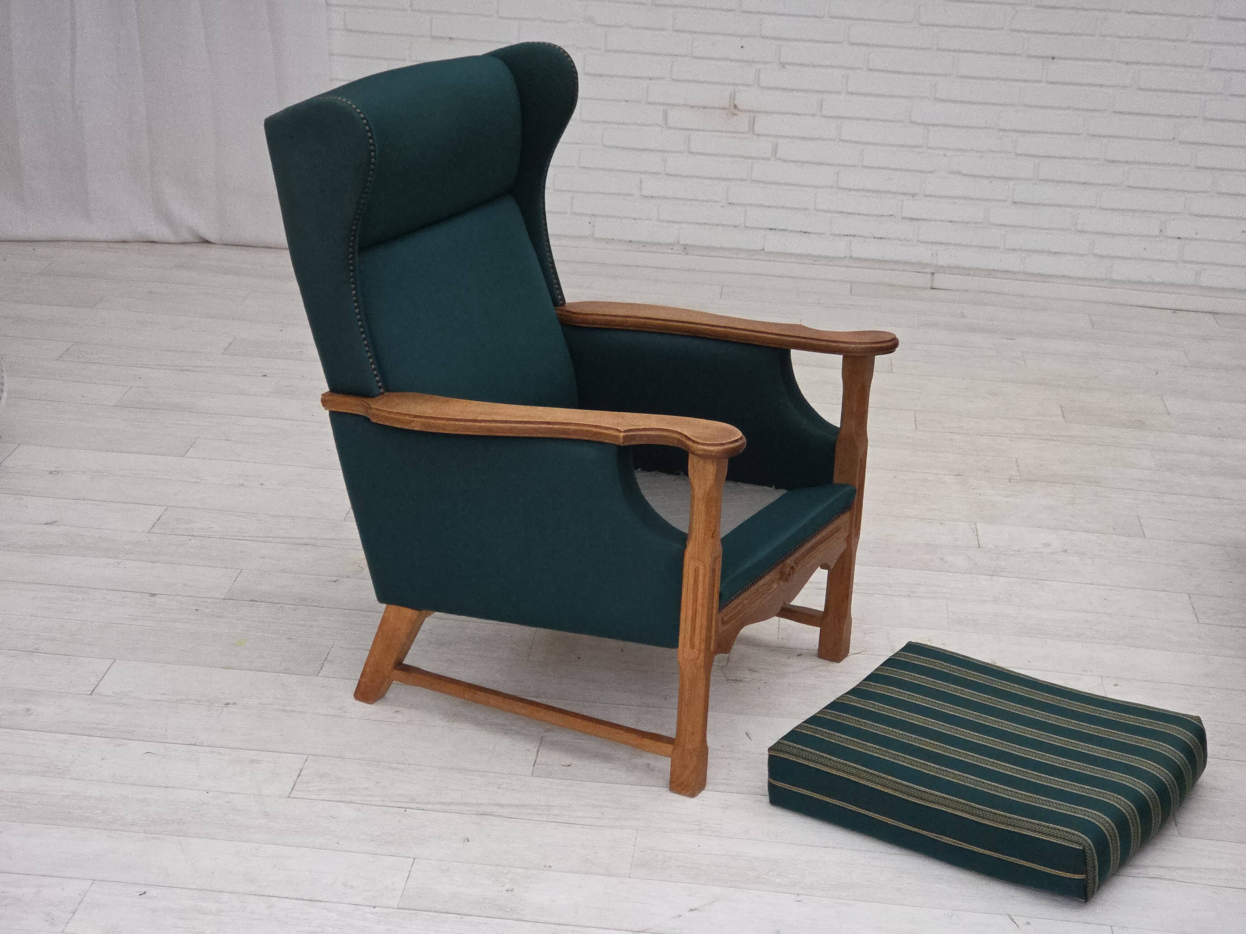 1970s, Danish high back armchair, furniture wool, solid oak wood.