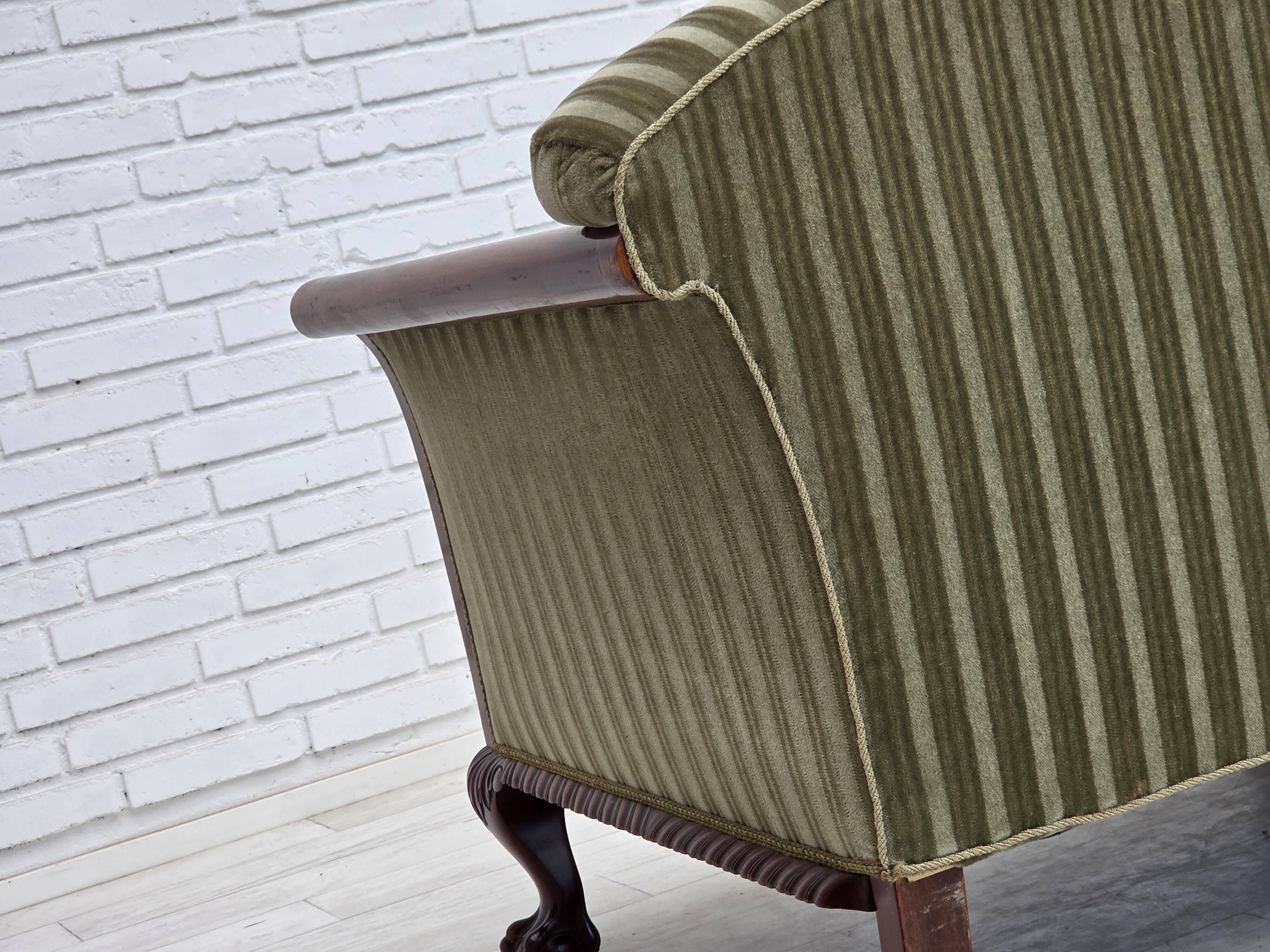 1950s, 3-seater Danish sofa, green furniture velour, teak wood.