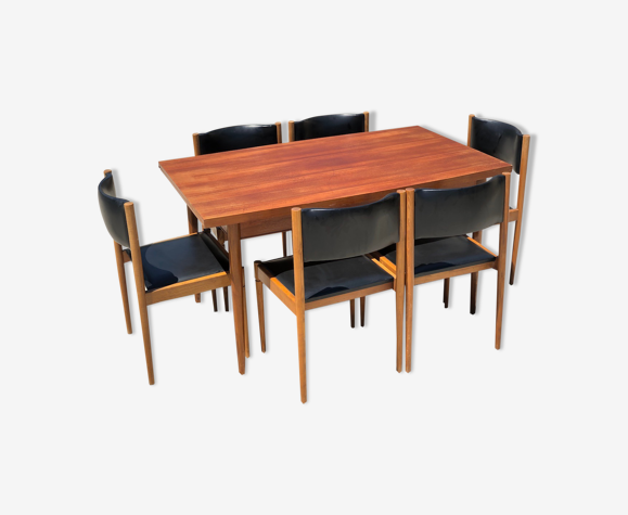 Table extensible et 6 chaises scandinave en teck et skaï 1965 | Selency