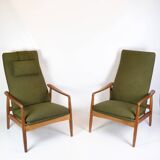 Set Of 2 Armchairs With Stool Made In Green Fabric & Teak By Alf Svensson For Fritz Hansen From 1960