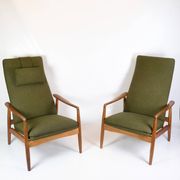 Set Of 2 Armchairs With Stool Made In Green Fabric & Teak By Alf Svensson For Fritz Hansen From 1960