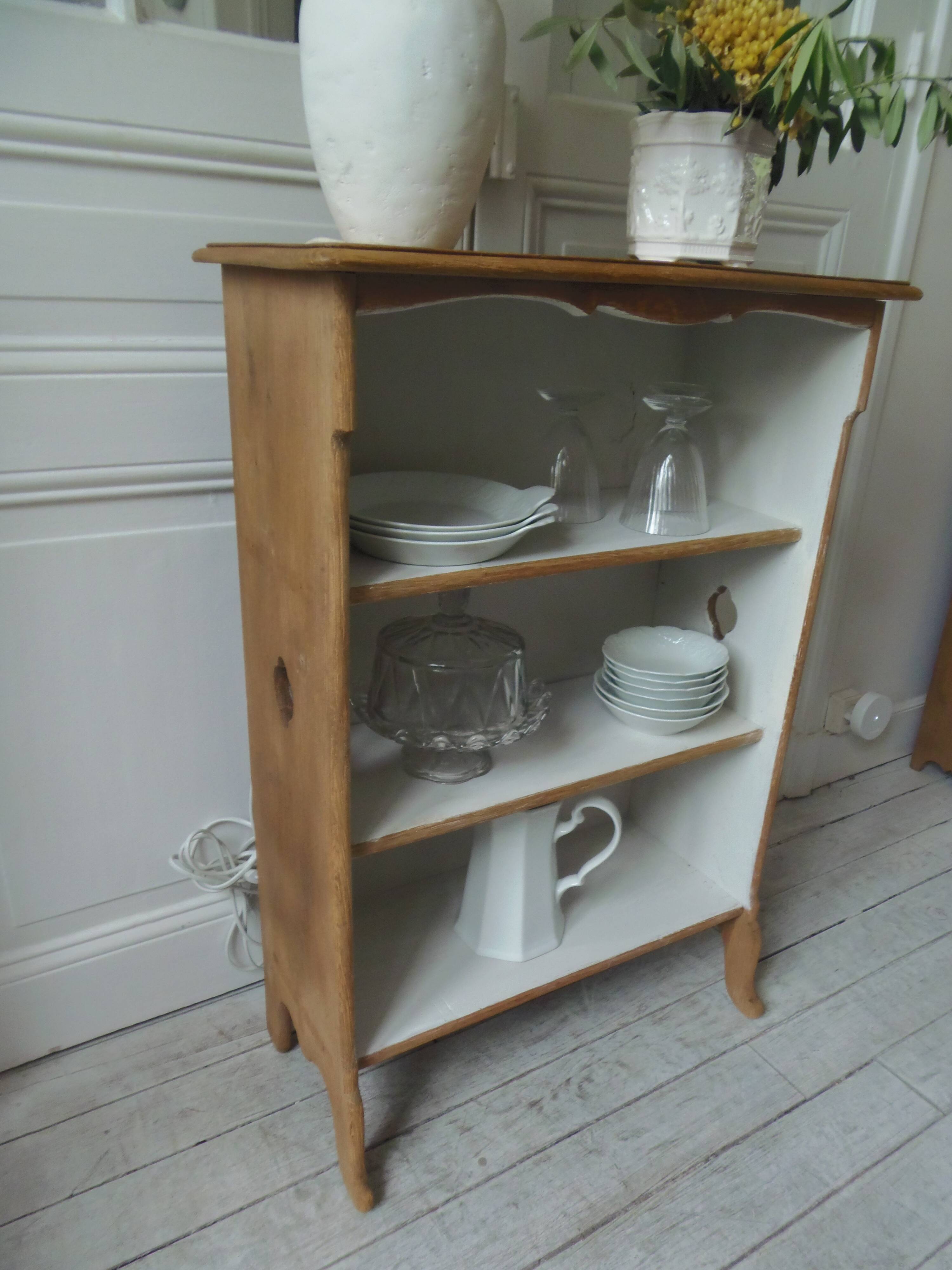 Vintage low depth bookcase in pearl grey interior oak with waxed finish.