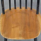 Set of 4 vintage wooden design chairs with black spindle backrest and brown seat