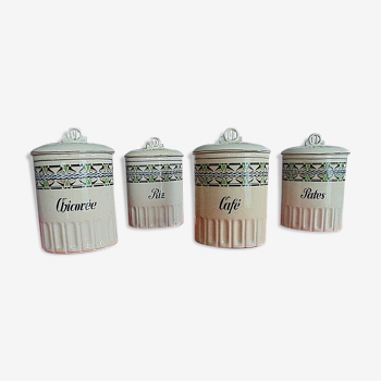 Lot 4 ceramic pots with lids for kitchen decoration Chicory Coffee, Rice, Pasta